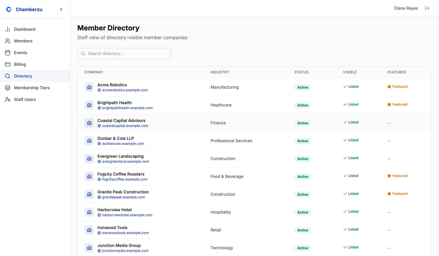 The Chamberzu directory admin screen listing member businesses with industry, tier and directory visibility.