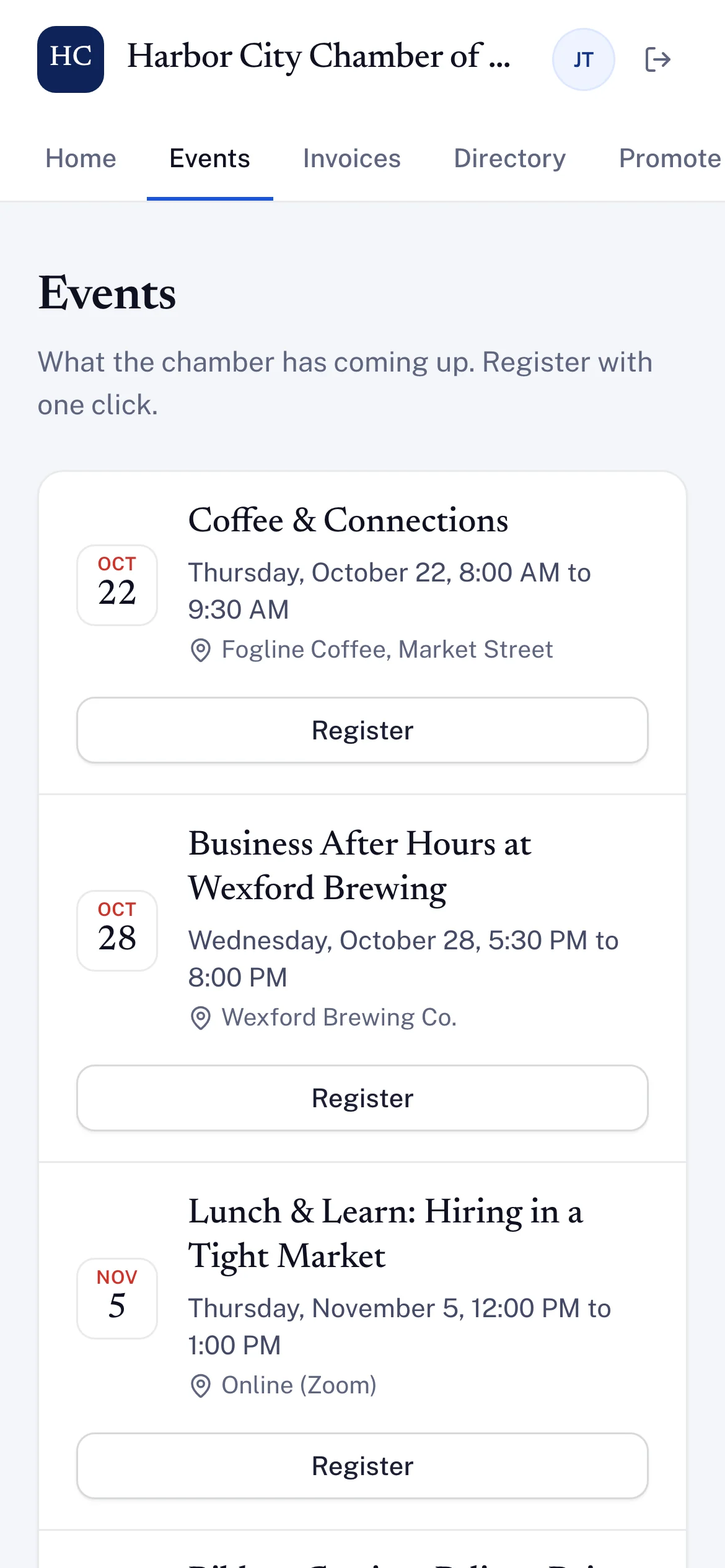 The chamber's upcoming events on a phone, each with a Register button.