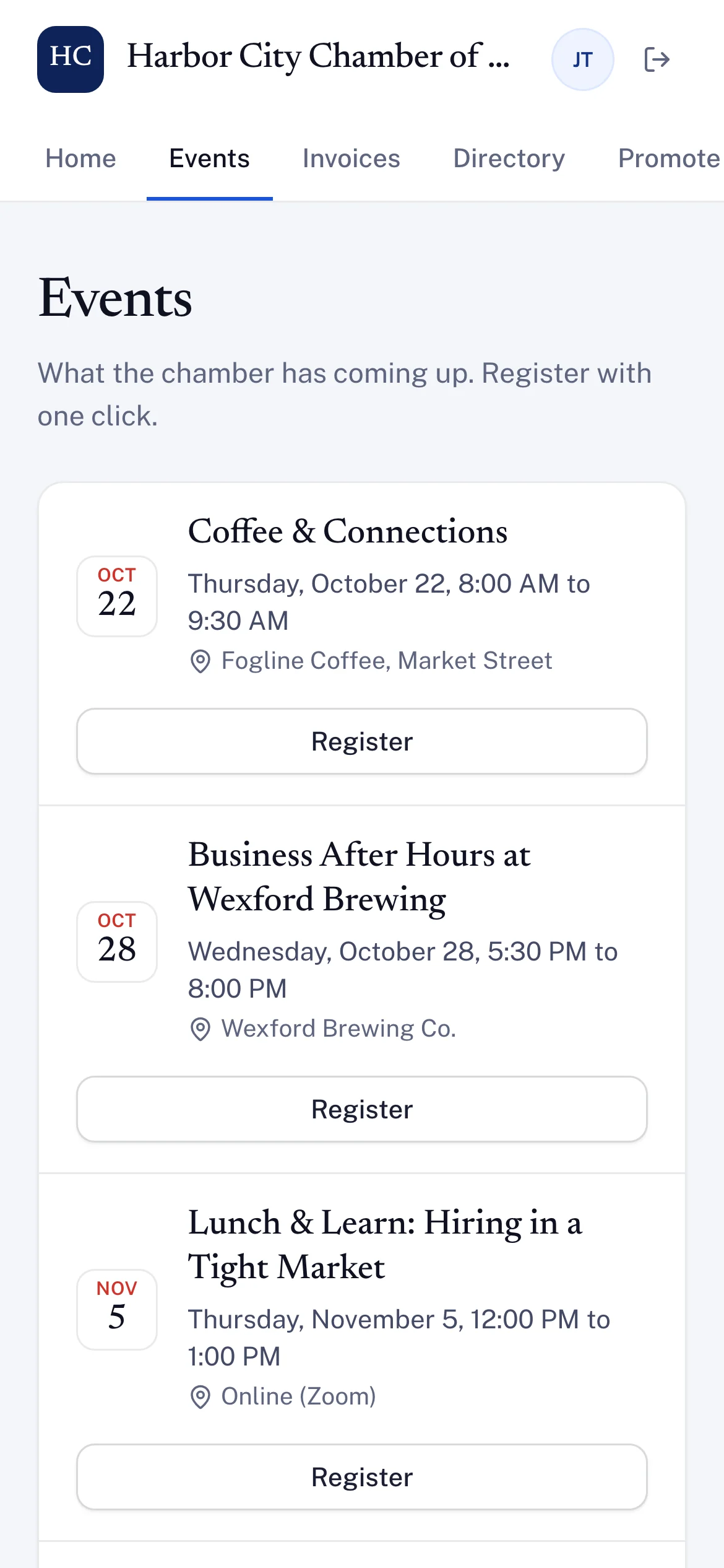 The chamber's upcoming events on a phone, each with a Register button.