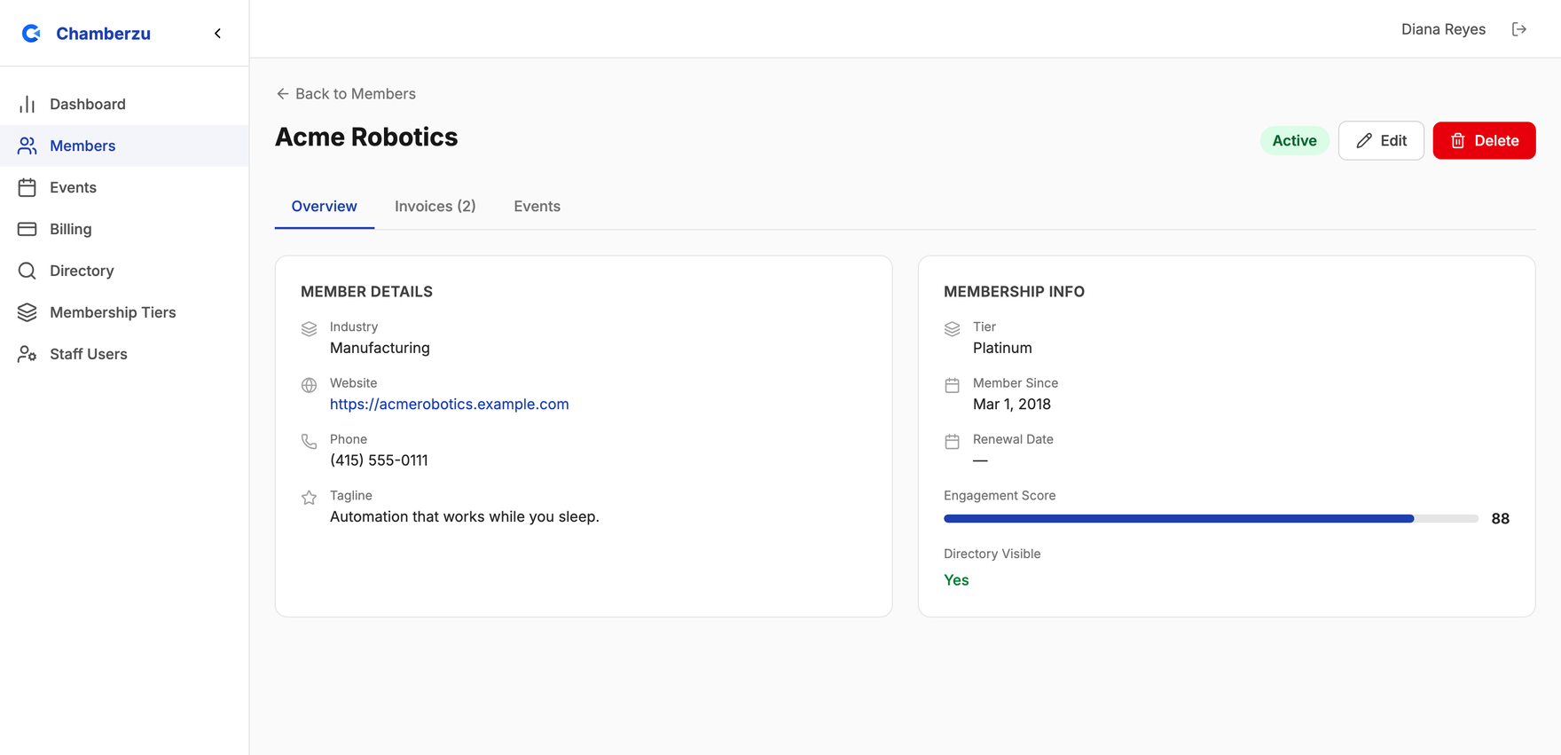 The Chamberzu member record for Acme Robotics, showing industry, tier, member-since date, engagement score and tabs for invoices and events.