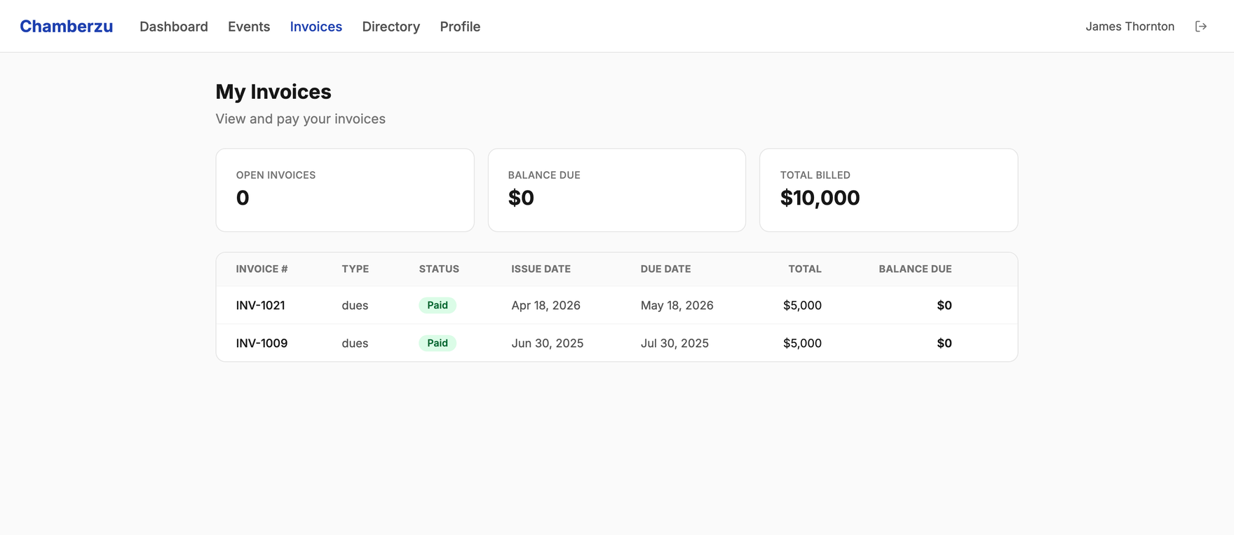 The member portal invoices screen, listing a member business's invoices with issue date, due date, status and amount.
