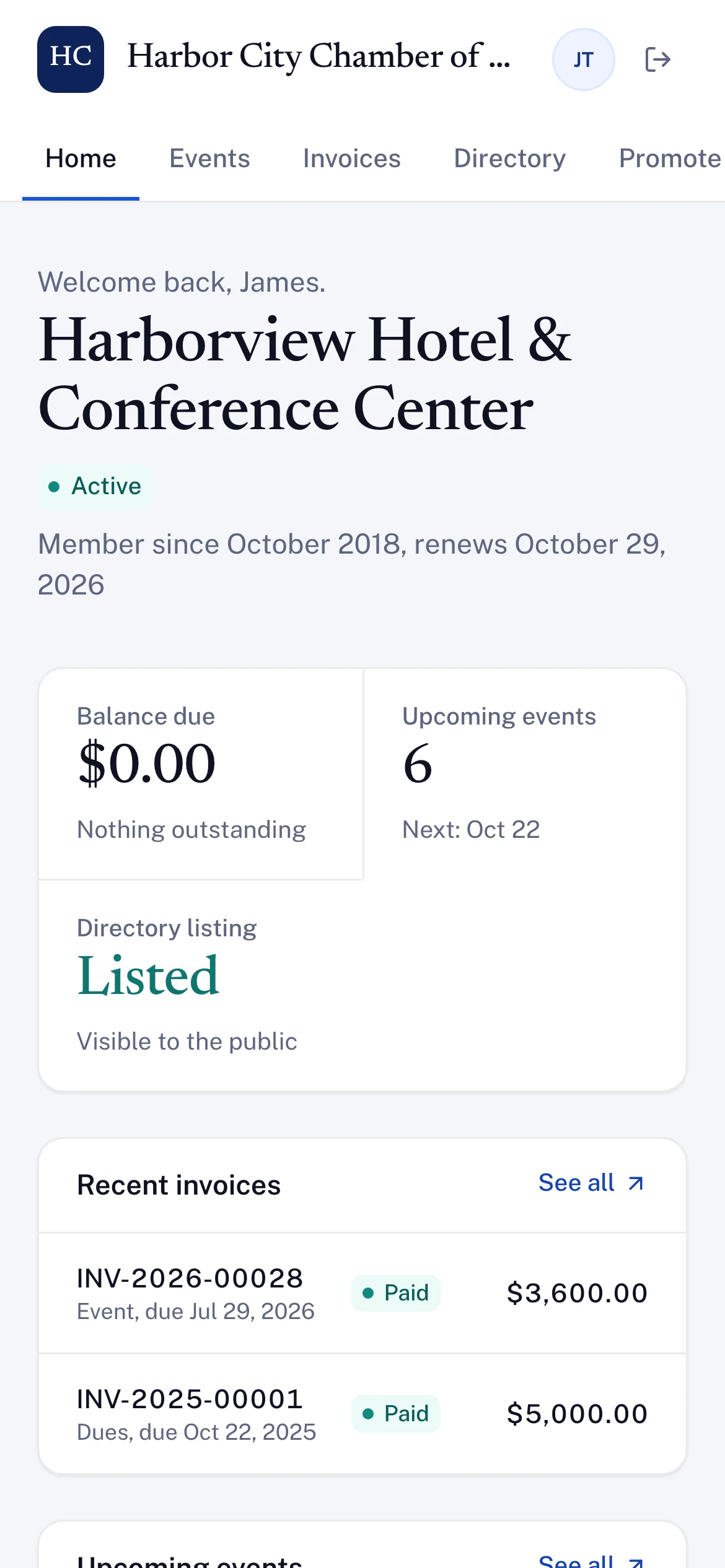 A member's portal home on a phone: balance due $0.00, six upcoming events, their directory listing marked Listed and visible to the public, and recent invoices.