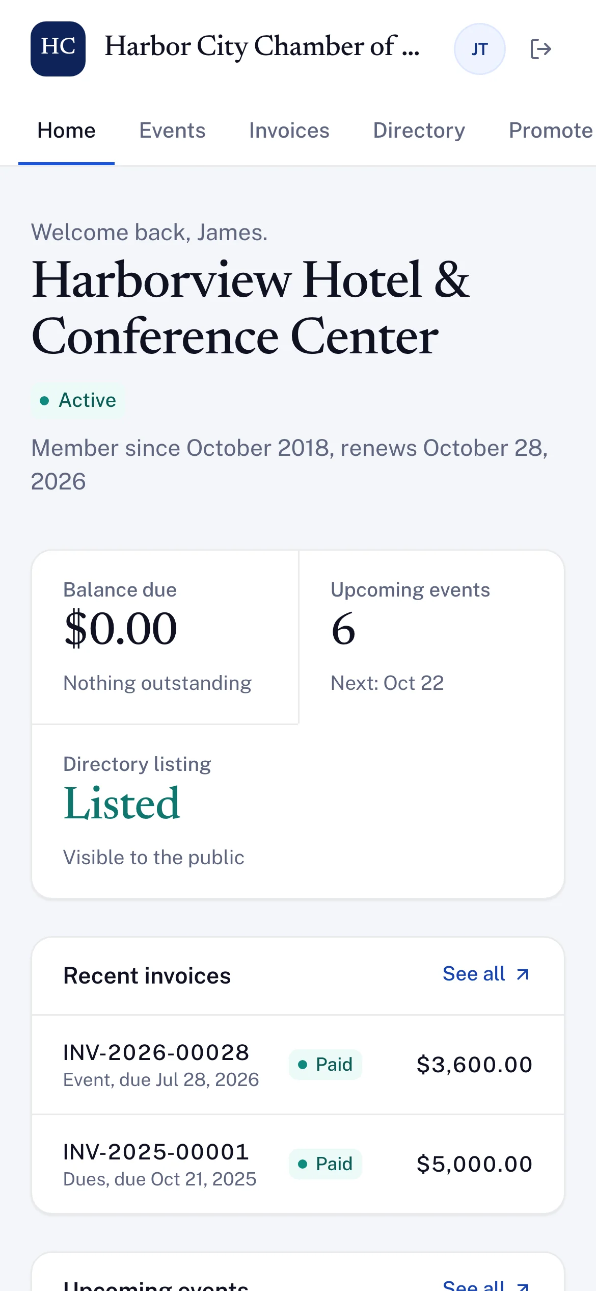 A member's portal home on a phone: balance due $0.00, six upcoming events, their directory listing marked Listed and visible to the public, and recent invoices.