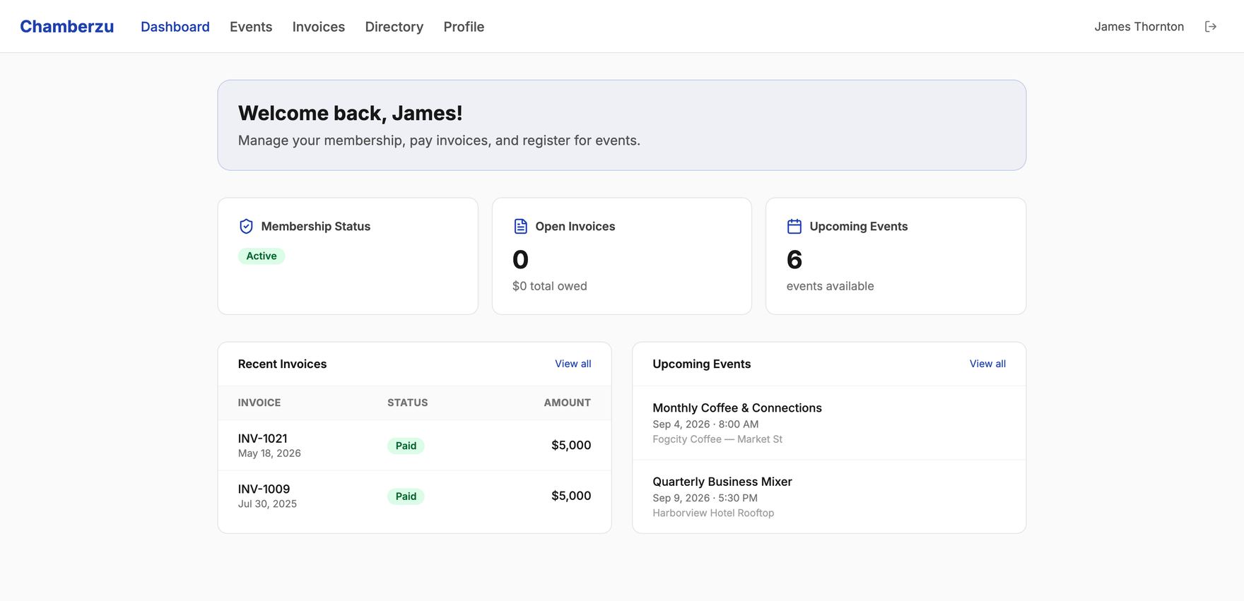 The member portal dashboard showing membership status, open invoices with a total owed, upcoming events and recent invoices.